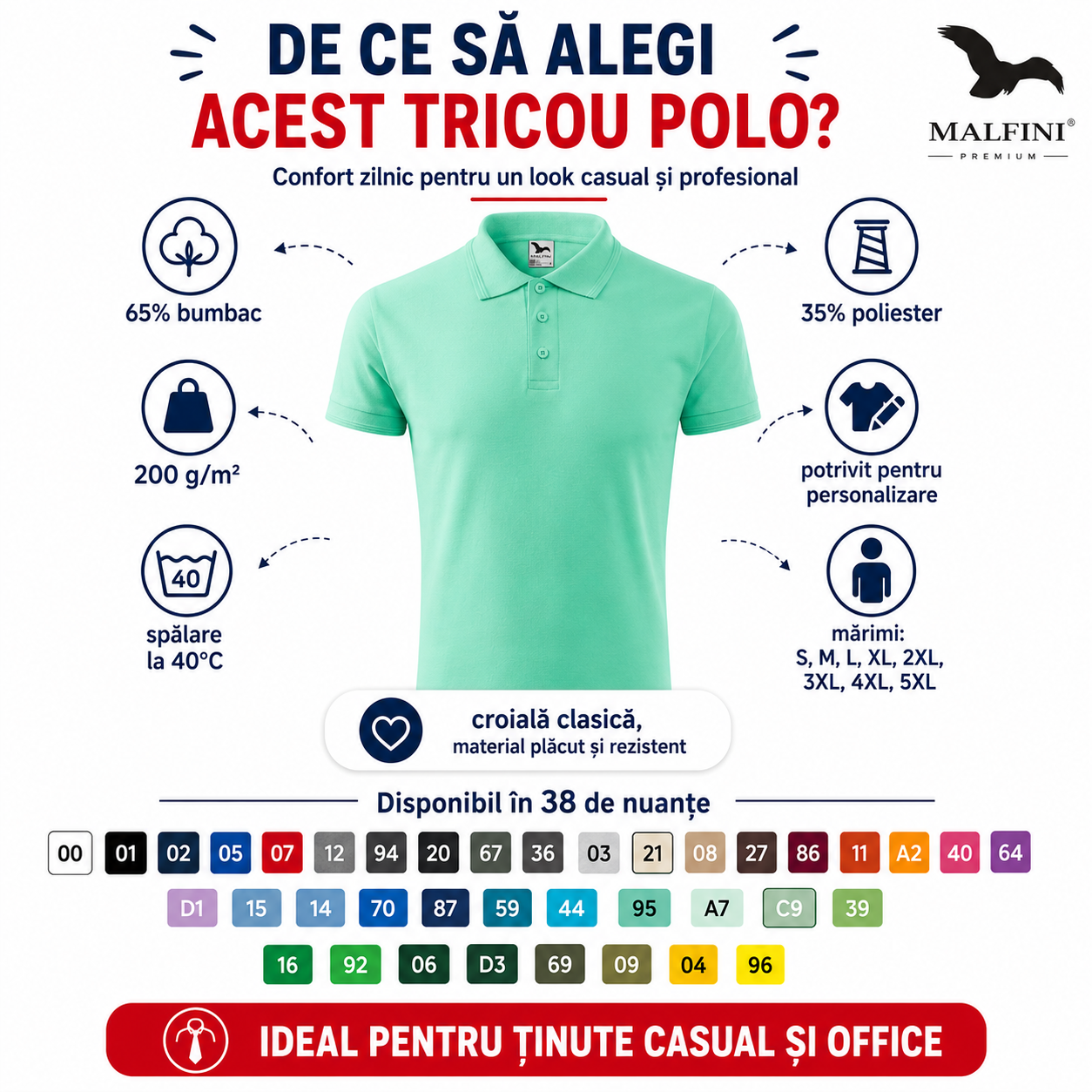 Tricou polo bărbați Malfini din material pique 65% bumbac disponibil &icirc;n 38 culori